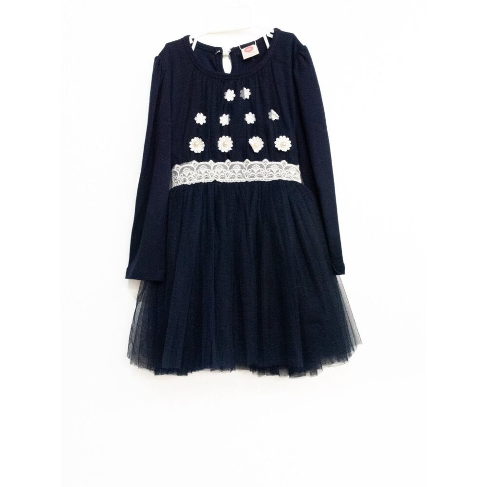 YY Girls Navy Blue White Cotton Tutu Dress Floral Lace Round Neck Long Sleeve 13